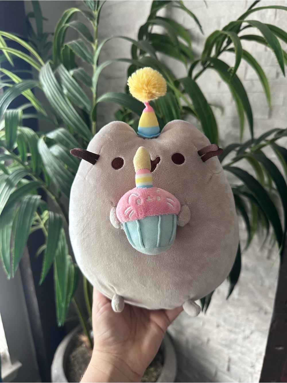 Pusheen Plush with Pastel Happy Birthday Cupcake and Party Hat